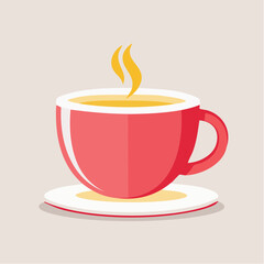 Illustration of a red cup of tea or coffee with steam on a saucer.