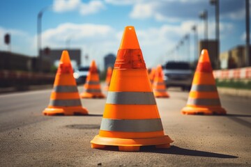 Orange and white traffic cones standing on asphalt during road construction works on a sunny day