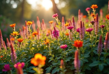 Colorful Native Plant Garden Showcase in Full Bloom Under Bright Sunlight