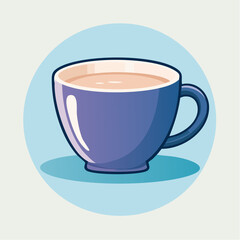 Illustration of a blue cup filled with a light-colored beverage, set against a light blue circular background.