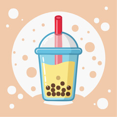 Illustration of a cup of bubble tea with tapioca pearls and a red straw.