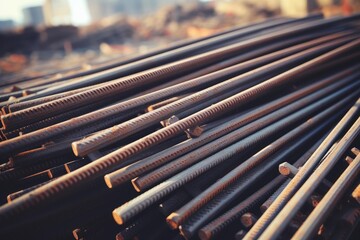 Steel rebar rods stacked together, creating a textured pattern of industrial strength and construction material