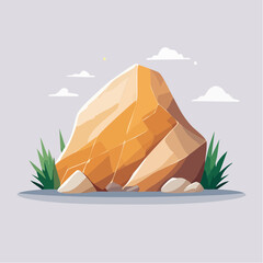 Illustration of a large rock formation with grass and clouds in the background.