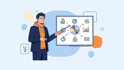 Businessman Presenting Data and Charts on a Digital Screen in a Modern Office Setting