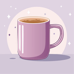 Illustration of a purple mug filled with a brown liquid, possibly coffee or tea.