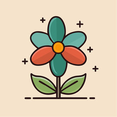 Illustration of a flower with teal and orange petals, a yellow center, and green leaves on a beige background.