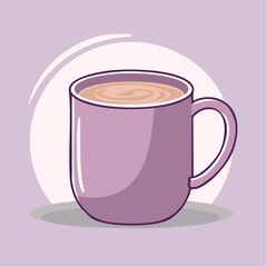 Illustration of a purple mug filled with a light brown beverage, set against a light purple background with a circular design.