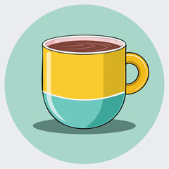 Illustration of a yellow and blue mug filled with a brown liquid on a light blue background.