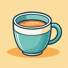 Illustration of a blue mug filled with a hot beverage on a yellow background.