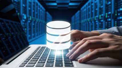 Enterprise Data Processing: User Typing on Laptop with Glowing Database Icon in Modern Server Room