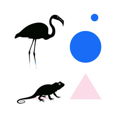 Naklejka premium Stylized flamingo and lizard silhouettes with geometric shapes on white