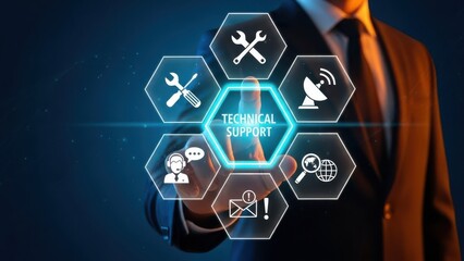 Omnichannel Technical Support: Businessman Touching Digital Interface with Service Icons for Client Assistance