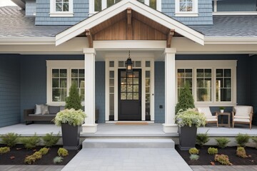 Fototapeta premium Welcoming covered porch of craftsman style home featuring a black front door, potted plants, and comfortable seating