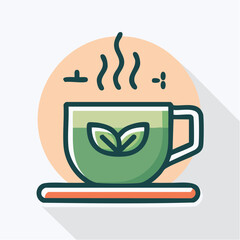 Illustration of a cup of green tea with steam rising from it, on a saucer.