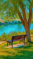 Obraz premium Park scene of a wooden bench near a turquoise river under a tree's shady canopy