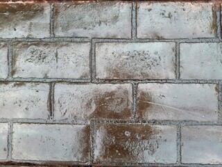 Urban Bricks Glisten on a Textured Wet Concrete Block Wall That Reflects Light and Shows Signs of Aging