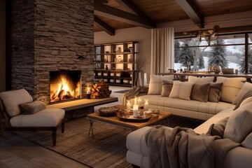 Obraz premium Warm and inviting living room with a burning fireplace, candles, and a snowy mountain view through a large window, creating a cozy winter atmosphere