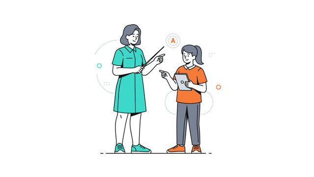 illustration of a teacher and student engaging in a technology-based educational activity in a