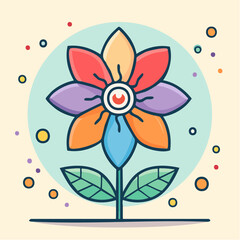 Colorful flower with rainbow petals and an eye in the center, surrounded by dots.