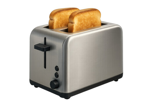 Stainless steel toaster preparing golden brown bread for breakfast, kitchen appliance on transparent background