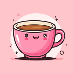 Cute pink cartoon coffee cup with a happy face and coffee inside.