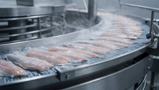 Medium shot of a spiral belt freezer evenly applying a thin ice glaze on delicate fish fillets highlighting precise glazing technology for optimal freshness preservation.