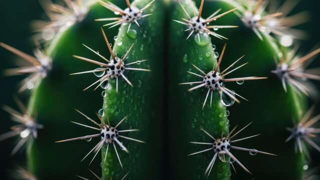 Close-up of a green cactus with sharp spines and water droplets