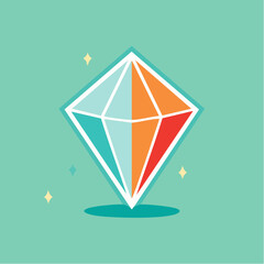 Colorful diamond illustration with blue, orange, and red facets on a teal background.