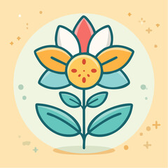 Stylized flower with colorful petals and leaves on a light yellow background.