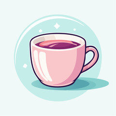 A cartoon illustration of a pink teacup filled with a dark liquid, set against a light blue background.