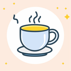 Illustration of a cup of tea or coffee with steam on a saucer.