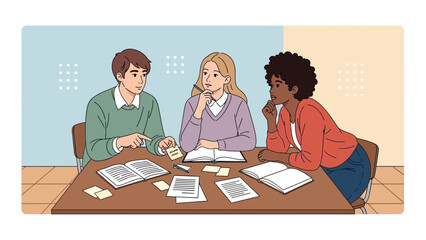 Collaborative group discussion among students in a classroom setting working on a group project or