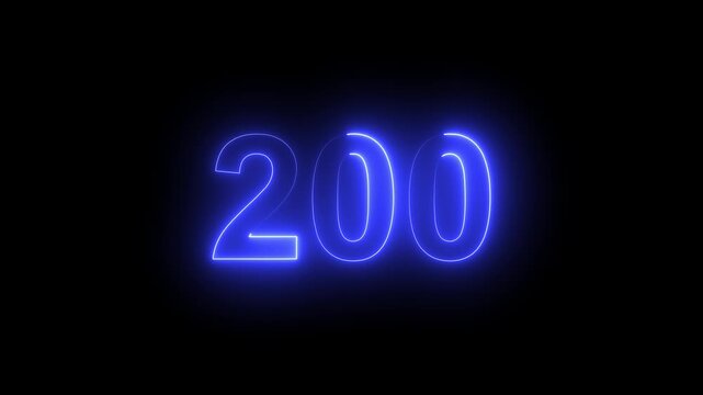 Abstract glowing Neon 200 number educational mathematics text icon animation on black background. a dynamic motion and glowing neon number countdown icon animation. 