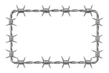 Barbed wire frame forming a rectangular border, symbolizing danger, restriction, and security on transparent background