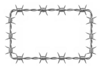 Barbed wire frame forming a rectangular border, symbolizing danger, restriction, and security on transparent background