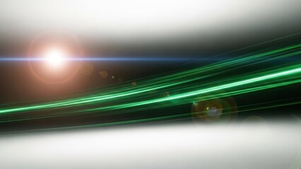 Abstract green light trails on dark background with strong lens flare