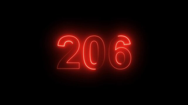 Abstract glowing Neon 206 number educational mathematics text icon animation on black background. a dynamic motion and glowing neon number countdown icon animation. 