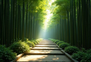Serene Bamboo Forest Retreat Tranquil Pathway Mindful Sanctuary Lush Greenery Meditation