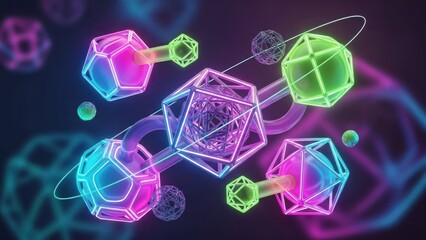 Abstract neon geometric forms connected by tubes against dark backdrop