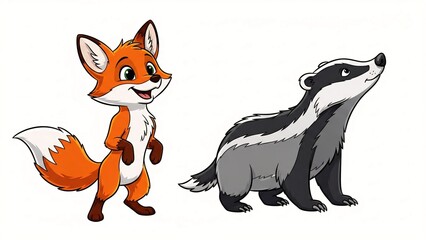 Obraz premium Floating 2D fox plays violin while hedgehog juggles stars around crescent moon in dreamy pastel night sky. 