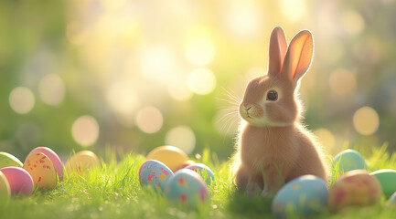 Young rabbit sits among painted eggs in sunlit meadow with dreamy blurred background.