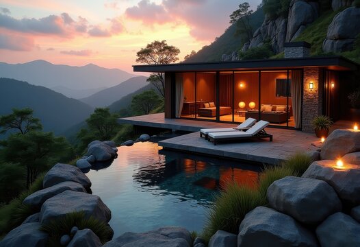 Serene Luxury Retreat Captivating Hillside Harmony Tranquil Water Elements