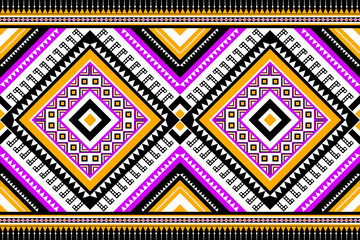 Ethnic geometric textile pattern, tribal fabric design, symmetrical diamond shapes, seamless repeating pattern, bold black outlines, vibrant purple, yellow, orange and white colors.