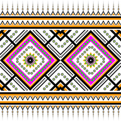 Traditional ethnic geometric textile pattern, Southeast Asian tribal style, symmetrical diamond shapes, repeating seamless pattern, bold black outlines, vibrant colors orange, pink, green and white.