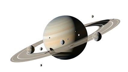 Saturn with its rings and moons
