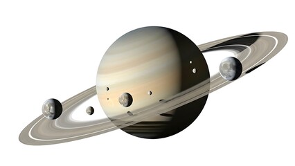 Saturn with its rings and moons