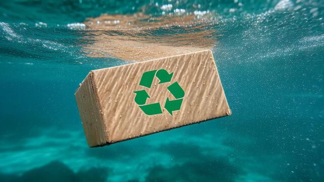 A cardboard box with a green recycling symbol floats underwater, symbolizing eco-friendly packaging and waste management.