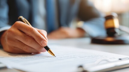 Legal Precision: An attorney's hand meticulously crafts the future, signing the document of justice, the symbol of fairness. The gavel stands ready, a silent judge, overseeing the pivotal moment.