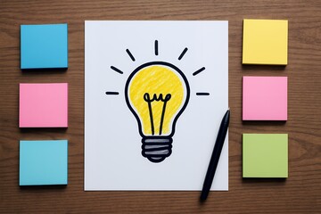 付箋とペンに囲まれた電球イラストでひらめきとアイデア発想を表現したデスク風景