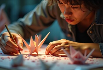 Intricate Origami Crane Folding Artistry Elegance Paper Sculpture